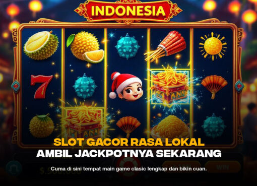 Tampilan slot bertema lokal Indonesia dengan durian, kipas, dan simbol makanan khas yang berpadu dengan warna cerah dan elemen jackpot.